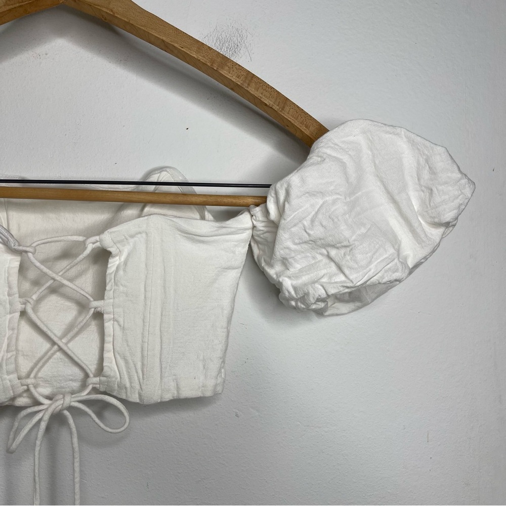 SEVEN Wonders Ivory Puff Sleeve Off Shoulder Cotton Tie Corset Crop Top Sz S - Picture 9 of 16